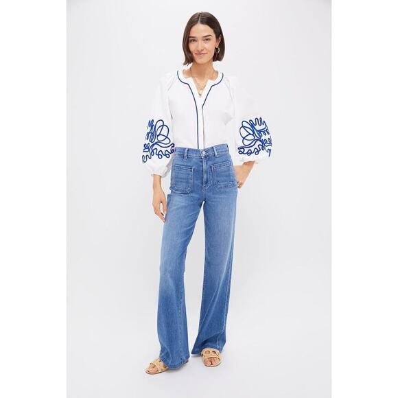 HYACINTH HOUSE White & Royal Blue Soutache Stella Blouse Size L NWT - Picture 4 of 8